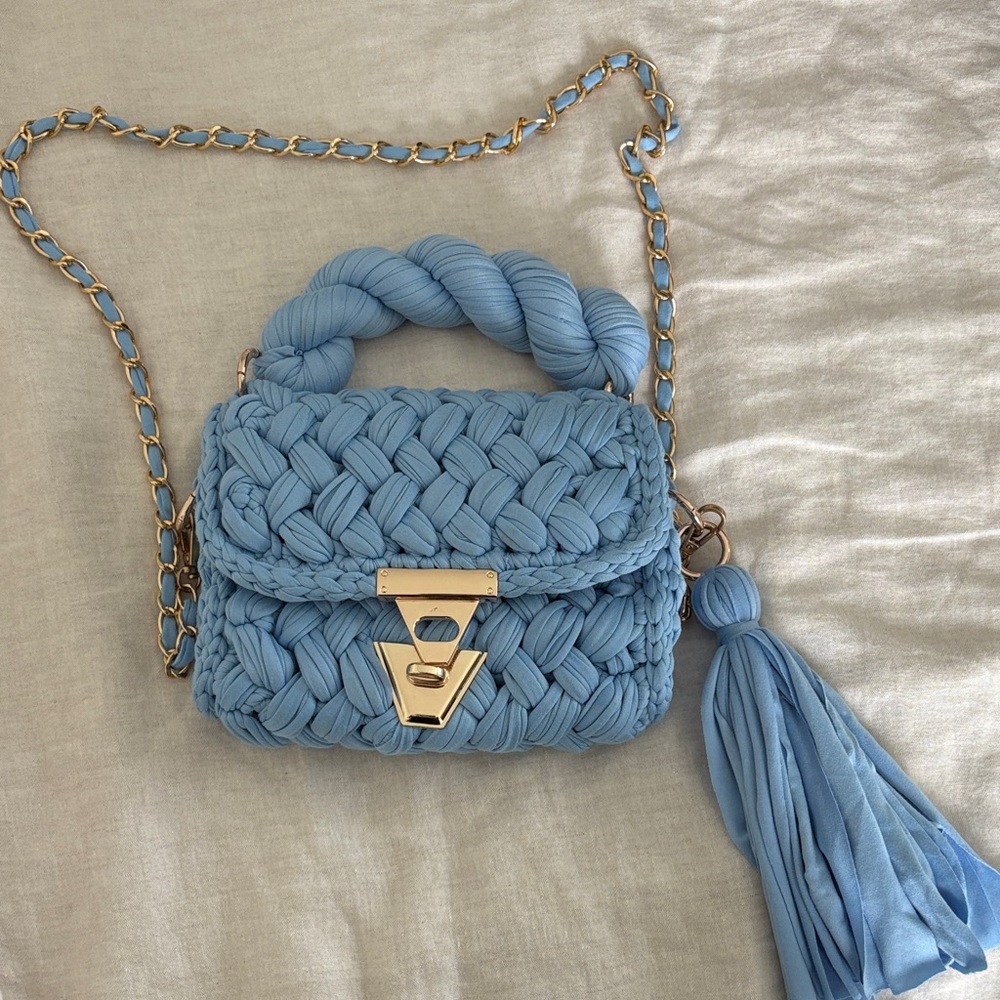 Blue Woven Handbag with Gold Chain